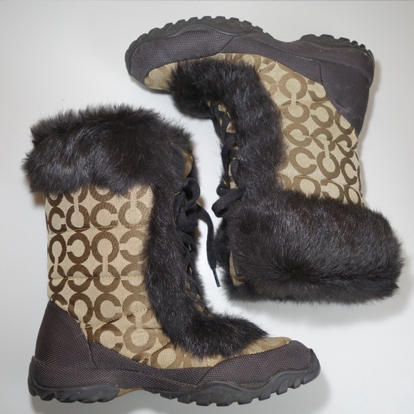 Coach Jennie Monogram Tan & Brown Lace-Up Faux Rabbit Fur Boots, Size 8.5 B - Picture 8 of 16
